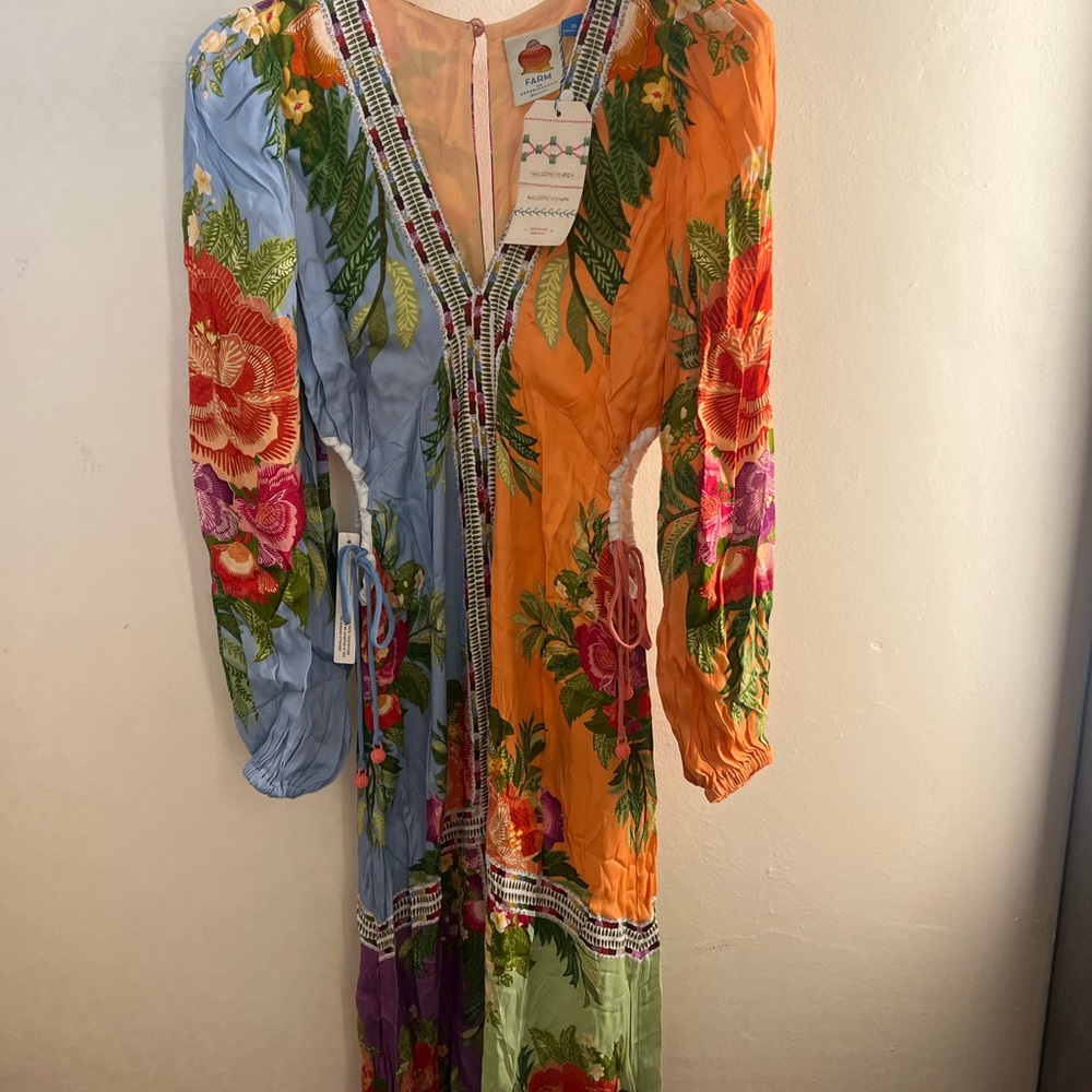 NWT FARM Rio x Anthropology Long Sleeve V-Neck Blue Maxi Floral Dress Size XS - Picture 7 of 13